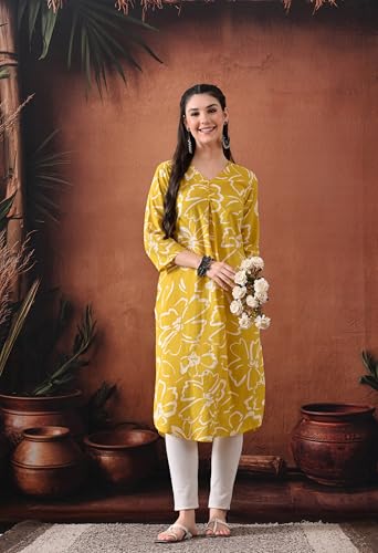 Image of Ichaa Women's Pure Cotton A-Line Ethnic V-Neck Kurta with 3 /4th Sleeve for Daily and Office Wear, in Plus Sizes