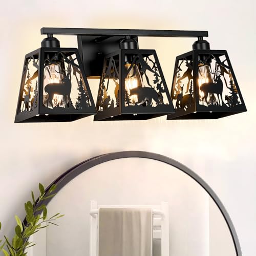 Image of Rustic Bathroom Light Fixtures with Deer Bear,3-Light Metal Shade | Farmhouse rustic style, Deer Bear Design,Openwork Engraved,Wall Light for Bathroom, Hallway, Kitchen, Porch,Study