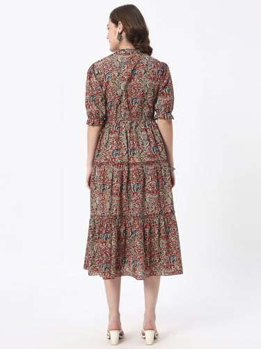 Image of PIDAVLIYA'S Women's Floral Summer Maxi Dress I Cotton Printed I One Piece Bodycon Midi Dress with V-Neck, Puffed Sleeves