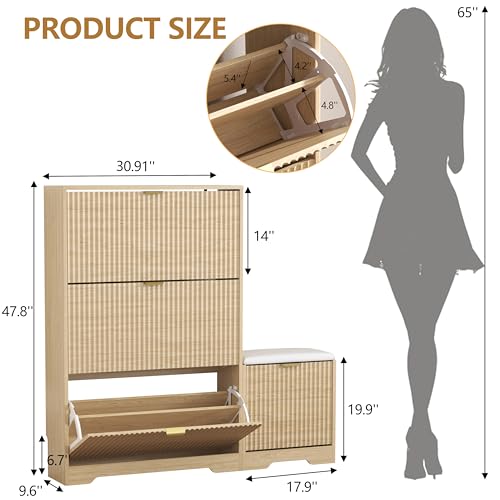 Image of HUANLEGO Shoe Cabinet Storage for Entryway with 4 Flip Drawers, Oak Fluted Shoe Cabinet with Bench, Wooden Hidden Shoe Rack Freestanding Narrow Slim Shoes Storage Organizer for Hallway, Entrance