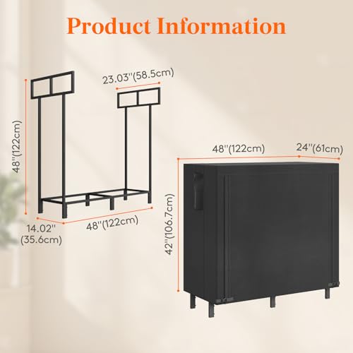 Lifewit 4 FT Firewood Rack Outdoor with Waterproof Cover, Indoor/Outdoor Wood Storage with Side Pocket, Heavy Duty Firewood Holder for Fireplace, Fire Pit, Patio, 48" W ×23" D x 48" H, Black