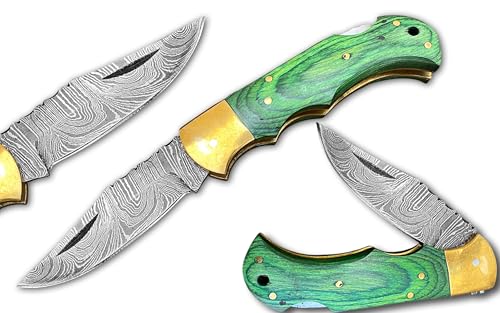Novahaven Damaststahl Taschenmesser – Klappmesser für EDC, Jagd, Camping & Survival mit Holz-, Knochen- oder Harzgriff – Outdoor Geschenk-Messer (Mehrere Farben) (Grünholz)