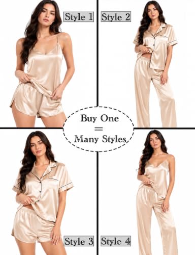 Image of SWOMOG Womens Silk Satin Pajamas Sets 4pcs Sleepwear Sexy Cami Shorts Set and Button Down Short Sleeve Pjs Loungewear