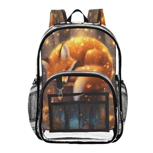 Fox Sleeping Lovely Clear Backpack Heavy Duty See Through Transparent PVC BookBag for Kids Boy Girl School Work