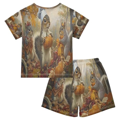ALAZA Squirre Fall Maple Leaf Pajamas Set Short Sleeve Cotton Sleepwear Summer Pjs 2 Piece 5-14Y2