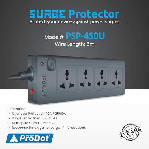 Image of Prodot 4 Universal Sockets Surge Protector with 5m Heavy-Duty Copper Cord | Up to 2500W (250V~10A) I 350 Joules Protection I Automatic Overload Protection I Shock-Proof ABS Body I Home & Office Use