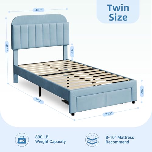 GarveeHome Twin Bed Frame with Drawer, Boys Bed, Velvet Upholstered Platform BedFrame with Storage Headboard for Kids, No Box Spring Needed, Easy Assembly, Noise-Free, Light Blue