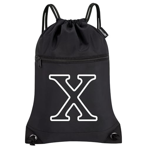 Image of HOLYLUCK Drawstring Bags Initial Backpack Sackpack Cinch Bags for Sports, Gym, Travel, Beach (Black-X)