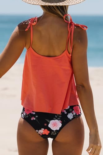Beachsissi Women's Tie Shoulder Swimsuits Floral Print Ruched Tankini Set2