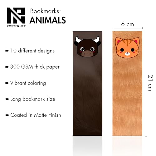 Image of Posternet Set of 10 Animal-Themed Bookmarks for Book Lovers | Size 21 x 6 cm | Printed on 300 GSM Photographic Paper | Cute & Durable Animal Design Bookmarks