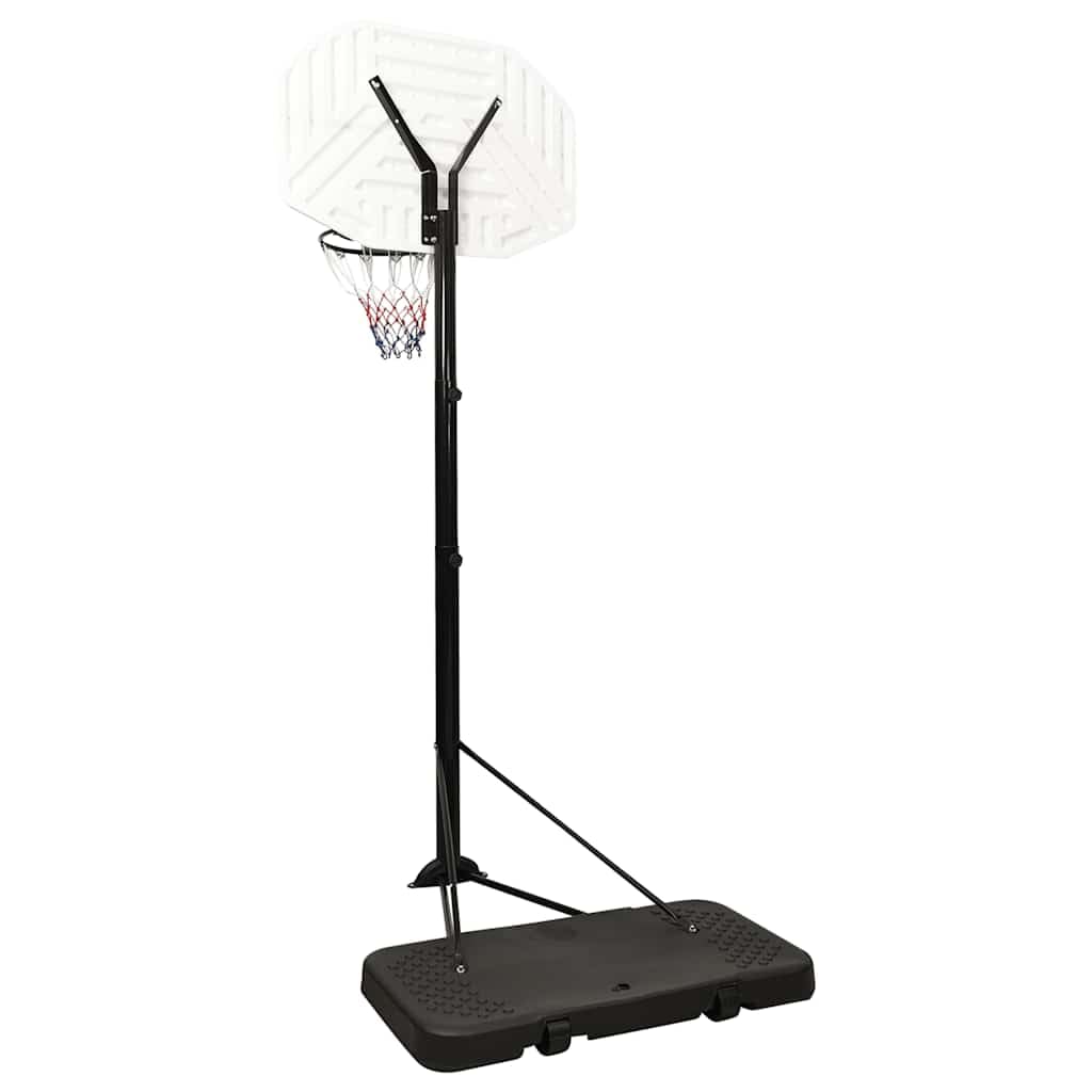 Supporto da basket regolabile in polietilene, bianco, regolabile in altezza da 258 a 363 cm, con cestino in acciaio e rete di nylon, ruote e base triangolare stabile