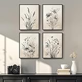 Framed Boho Vintage Botanical Wall Art, 4 Piece Neutral Rustic Floral Canvas Painting Prints for Modern Farmhouse, Black and White Flower Pictures for Living Room Bedroom Dining Room Wall Decor, 11x14