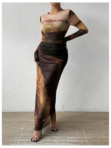Image of Womens Long Sleeve Maxi Dress Mesh Bodycon Spring Fall Formal Wedding Guest | Tie Dye Ruched Night Out Cocktail Party Long Dresses
