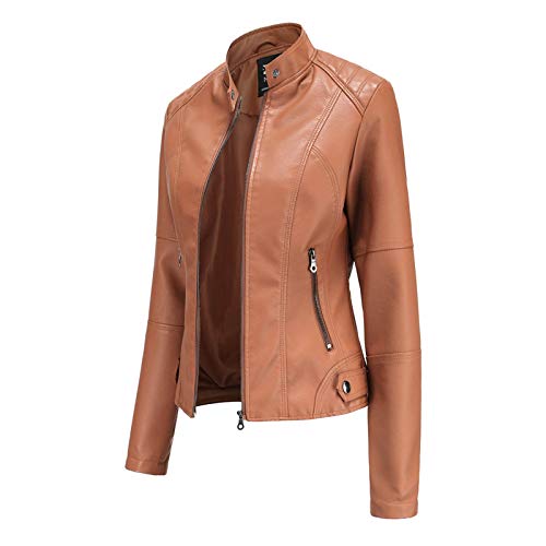 Duohropke Chaqueta de piel sintética para mujer, chaqueta bomber de piel sintética, chaqueta de motorista con cremallera, chaqueta de entretiempo, chaqueta ligera de piel con cuello alto, chaqueta de
