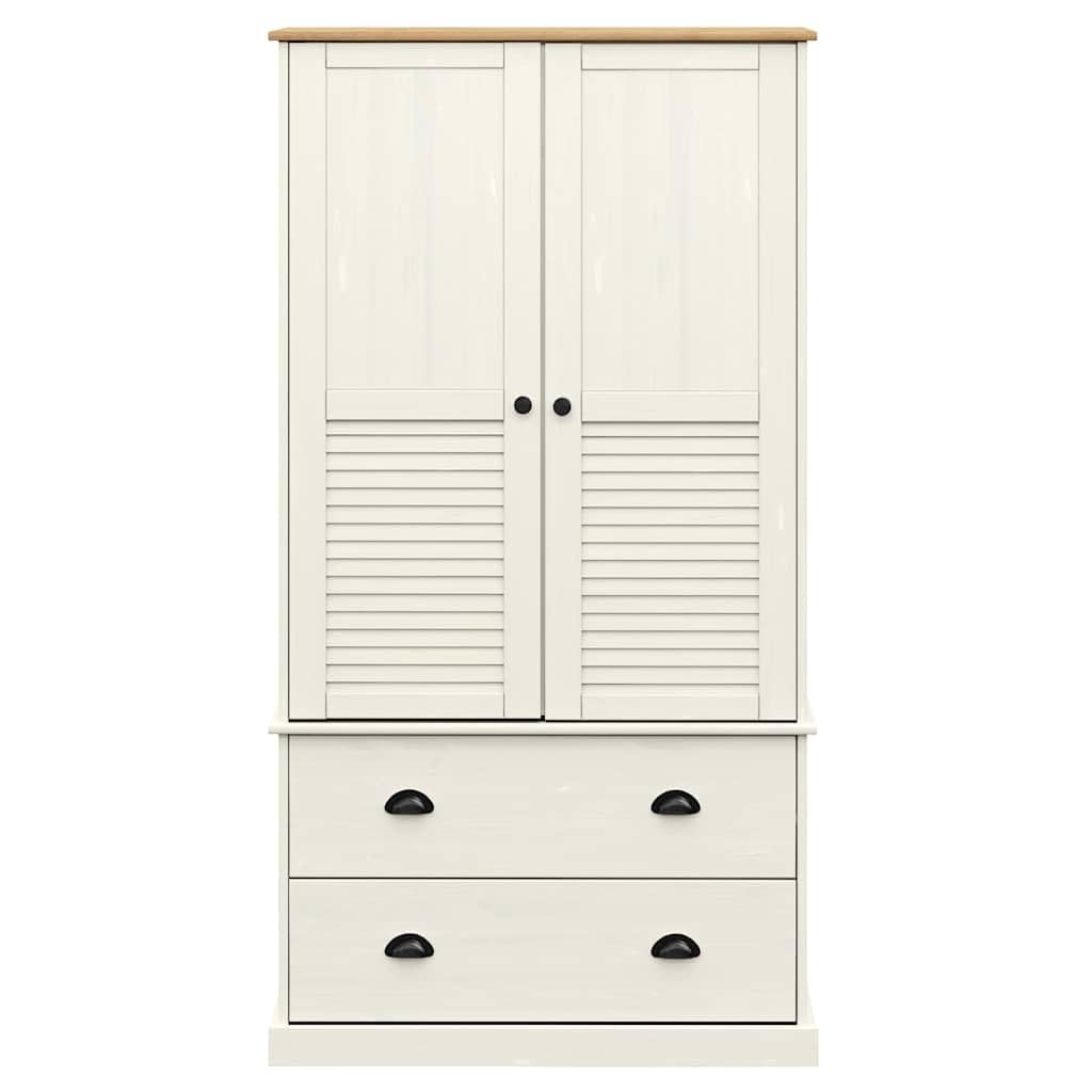 Hothingwell Guardaroba Vigo bianco 90x55x170 cm in legno massello di pino, armadio guardaroba con binario interno e 2 cassetti, mobile camera da letto con maniglie in metallo, grande spazio