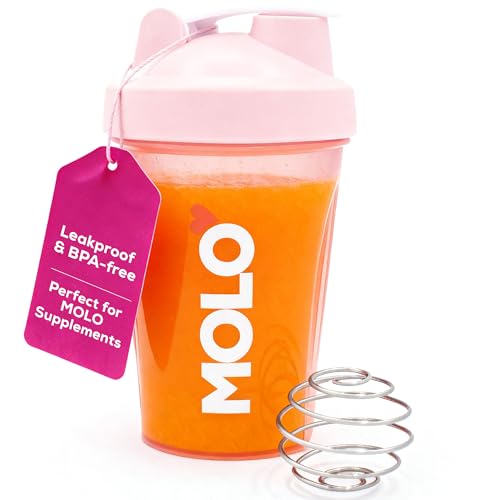 MOLO 12 oz Shaker Bottle with Stainless Steel Mixer Ball BPA and Phthalate Free Dishwasher Safe Leak Proof Lid For Protein Pre Workout & other Supplements (Pink)