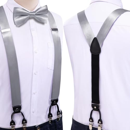 Image of Hi-Tie Men Suspender Bowtie Set Suspenders Pre-tied Bow Tie Pocket Square Cufflinks Adjustable Y Shape 6 Clips Braces Tuxedo