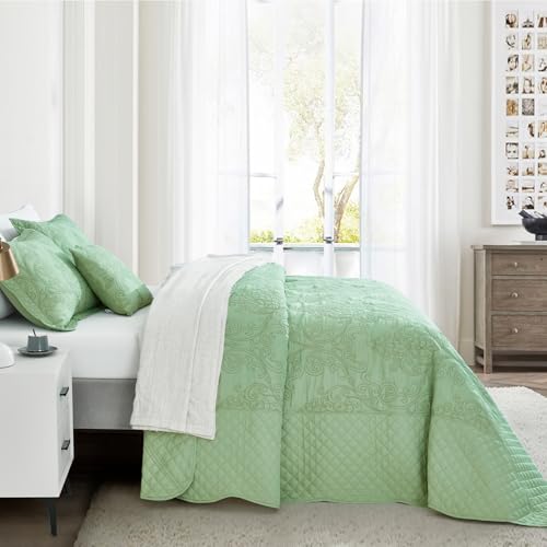 Image of CHIXIN Bedspread Coverlet Quilt Set Full Size - Lightweight Bedding Cover - Beautiful Stitching - 5 Piece Reversible Bedspread - Luxury Damask Paisley Pattern (Full, Peak Green)