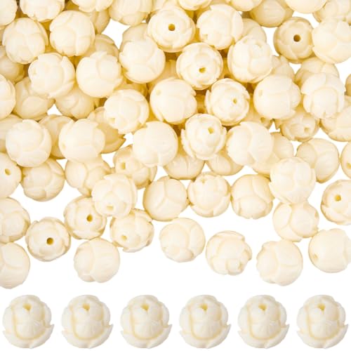 SUNNYCLUE 1 boîte de 100 Perles en Corail en Forme de Fleur de Lotus 10mm Couleur Beige Sculptées en Coquillage Synthétique pour la Création de Bijoux et...