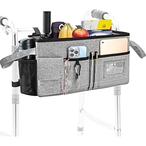 Grarg Large Capacity Walker Basket, Foldable Walker Accessories Bag with Handle & Cup Holder, Mobility Aid Accessory Pouch for Elderly(Grey) Cover