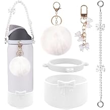 Water Bottle Accessories Set for Owala Accessories Includes 2.9in .3inch Silicone Bling Boot,Pearl Handle Strap, Plush Ball,Bow Charms for Owala FreeSip 24oz32 oz
