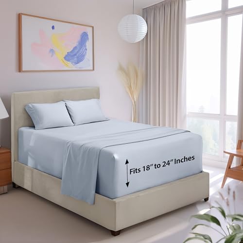 Image of Hearth & Harbor Extra Deep Pocket California King Sheet Set, Ice Blue | 4 Piece Bed Sheet Set, Ultra Soft & Breathable, Fits Up to 24 inch Mattress, Hotel Luxury