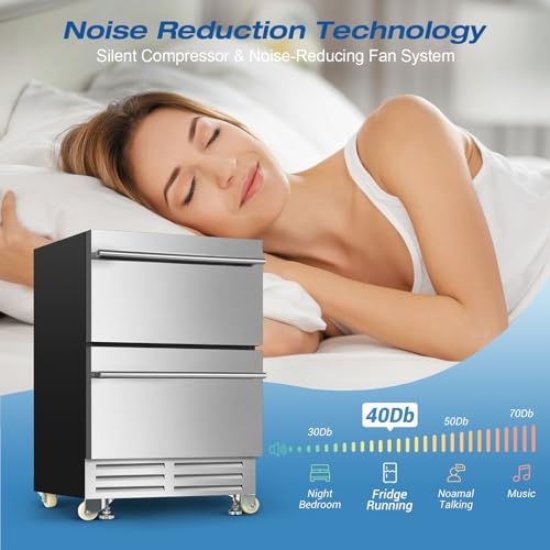 Image of Velivi 24'' Drawer Fridge Under Counter Beverage Refrigerator with Wheels | Outdoor for Patio, Stainless Steel Weather-Proof, Freestanding or Built-In Installation, Ideal for Home and Commercial Use