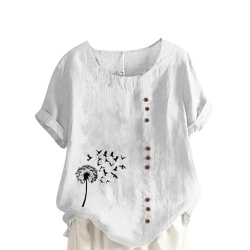 Blusa de lino informal para mujer, botones de muselina, blusa de algodón y lino, estampado de diente de león, tops de manga corta, cuello redondo, camiseta de verano, tallas grandes, blusas y túnicas