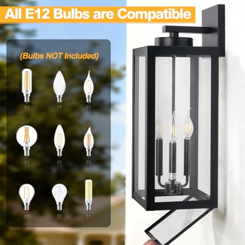 Image of 24 inch Extra Large Fully Enclosed Outdoor Light Fixture 3-Light, Coach Lights | Anti-Rust Waterproof Outdoor Wall Lights, Black Modern Exterior Lighting Fixtures Front Porch Light for House, E12, 2-Pack
