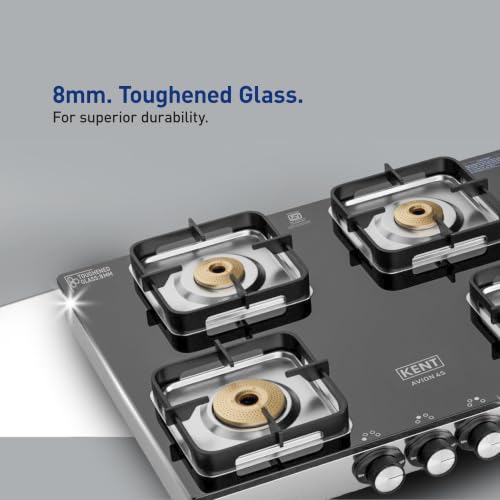 Image of KENT Avion Gas Stove 4 Burner SQ | Toughened Glass Top 8mm |SABAF Italian Gas Valve | Forged Brass Burner | Metallic Knob |Heat Resistance Coating |Cleaning Stand | LPG /PNG Compatible|5Yr Warranty
