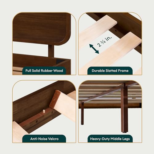 Image of Bme Solid Wood Calista King Bed Frame - Chestnut Finish Platform Bed with Upholstered Headboard, Mid-Century Modern Style with Sturdy Slats & Tapered Legs, No Box Spring Needed