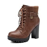 DREAM PAIRS Chunky Waterproof Ladies Boots Lace Up Side Zipper Black Platform Leather High Heels Ankle Boots for Women SCANDL