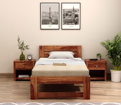 Image of CRAFT D ARTS Sheesham Wood Single Size Bed Without Storage | Wooden Single Bed | Space Saving Low Floor /Lying /Rise /Level /Profile Cot Bed for Bedroom | Denzel, Honey Finish