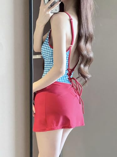 Kidcore Plaid Swimsuit One Piece Teen Girls Contrast Color Y2k Lace Up Back Bathing Suit V Neck Slimming Swimwear2
