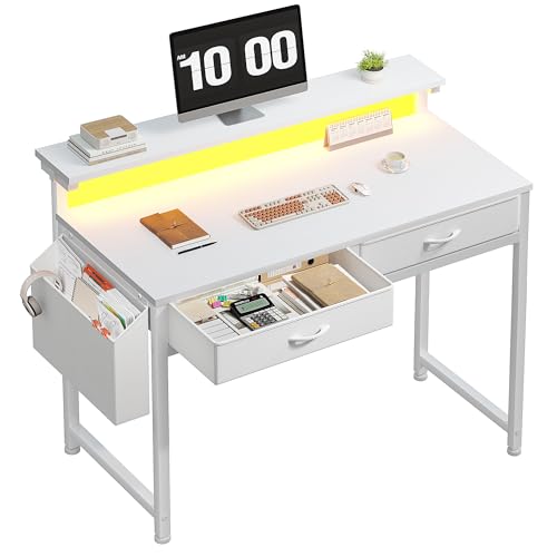 DurayLoly Computer Desk with 2 Drawers & LED Lights,31.5 Inch Home Office Desks with Side Pocket and...