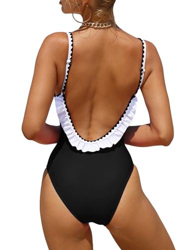 Verdusa Women's One Piece Swimsuit Cut Out Ruffled Open Back Spaghetti Strap Swimwear