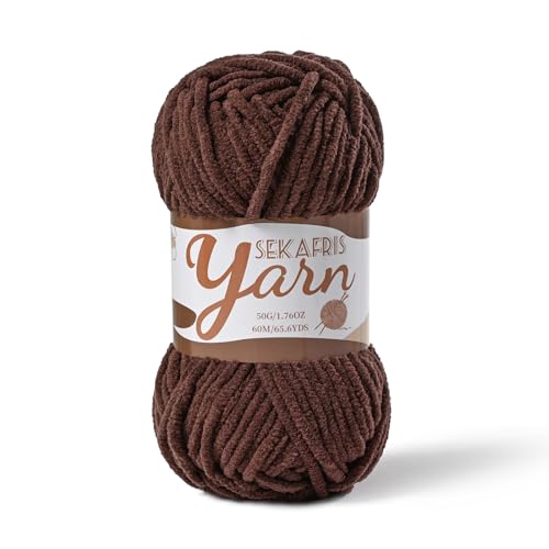 Image of Fluffy Velvet Yarn for Crocheting，Baby Blanket Yarn for Crocheting Soft，50g(65.6yds) Amigurumi Yarns，Plush Chenille Crochet Yarns，Puzzle Yarn for Crochet Weaving Craft(Dark Coffee)