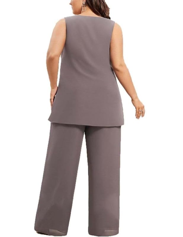 3 Pieces Mother of The Bride Pant Suits with Jacket Chiffon Long Sleeves Wedding Guest Dressy Outfit KW0203