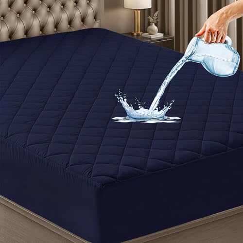 Image of GADDA CO Waterproof Cotton Quilted Mattress Protector King Size (84x72 Inch | 7x6 Ft) | Breathable Hypoallergenic Noiseless Ultra Soft Elastic Fitted Bed Protector | Washable Bed Cover - Dark Blue