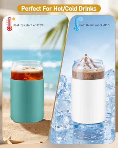 Image of sungwoo Glass Cups with Lids and Straws, 4 Pack 16OZ Iced Coffee Cups with Silicone Sleeve, Glass Tumbler with Straw and Bamboo Lid, Home Essential Drinking Set for Juice, Cocktail and Tea White&Green