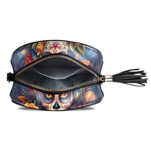 Image of ALAZA Women's Dia Muertos Mexican Day Of The Dead Girl Sugar Skull PU Leather Crossbody Bag Shoulder Purse with Tassel