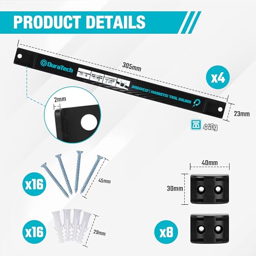 DURATECH Magnetleiste gereedschapset 4 stuks, magnetische houder wand, sterke magneten, eenvoudig te installeren, tot 6,8 kg per stuk, 305 mm, ideaal voor gereedschaporganisatie en -ordening - Afbeelding 3