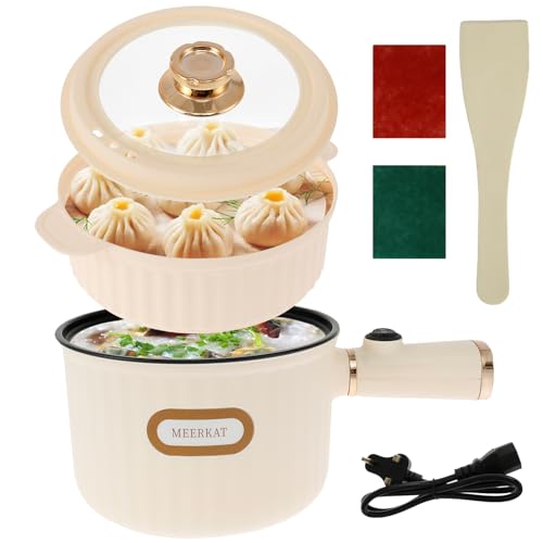 Electric Hot Pot with Steamer 1.6L Non-Stick Frying Pan Rapid Noodles Pot Portable Travel Cooker for Ramen Steak Egg Fried Rice Oatmeal Soup Multifunctional Mini Electric Pot Adjustable 300W/600W