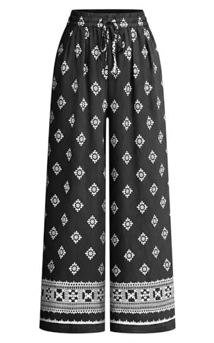 Image of PRETTYGARDEN Womens Pants Elastic Waist Floral Lightweight Palazzo Pants for Women Casual Lounge Wide Leg Pants Woman