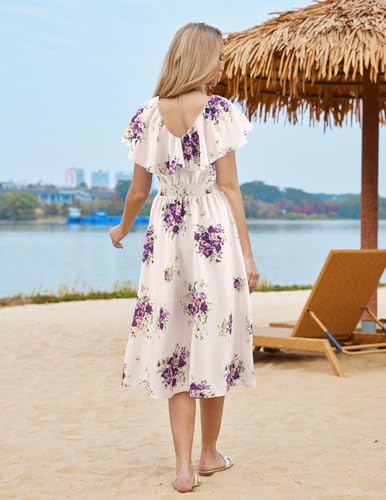 Image of Bridesmay Womens Summer Floral Midi Dresses Ruffle Sleeve Beach Wedding Guest Dress V Neck Swing Flowy Dresses