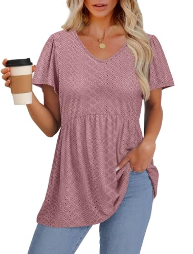Image of OFEEFAN Womens Summer Tops Babydoll Short Sleeve Shirts Puff Sleeve Peplum Tops V Neck T Shirts