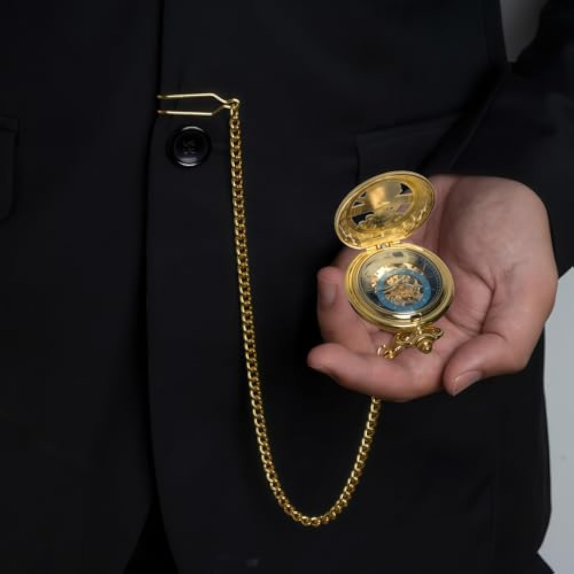 Men's Black Gold Skeleton Pocket Watch with Chain, Punk Style