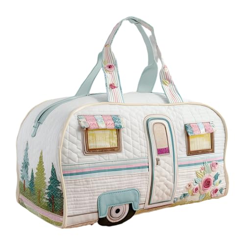 Bolso de viaje acolchado Cozy Camper, estilo bohemio vintage con estampado floral vibrante, bolso de lona para viaje, mochila espaciosa y acolchada para fin de semana. (Blanco,18