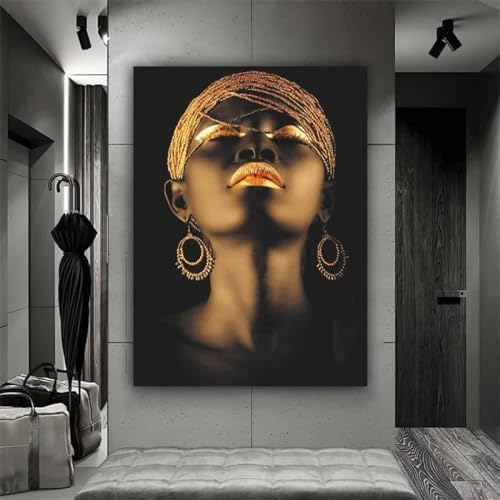 Art mural moderne africain KEBIA : toile femme noire et or 60x80cm