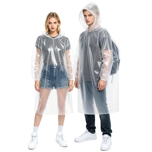 Chyaya 5 Pack Waterproof Poncho Adult, Emergency Portable Raincoat, Clear Rain Poncho with Sleeves & Hood, Reusable Rain Poncho Waterproof for Hiking Cycling Camping Travelling Festival